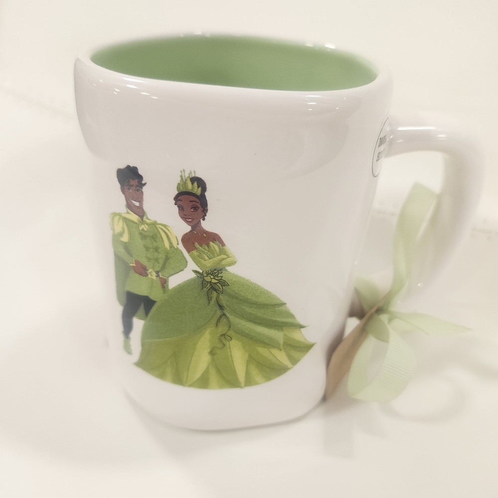 Rae Dunn "JUST ONE KISS" Disney Tiana and Naveen White and Green Mug